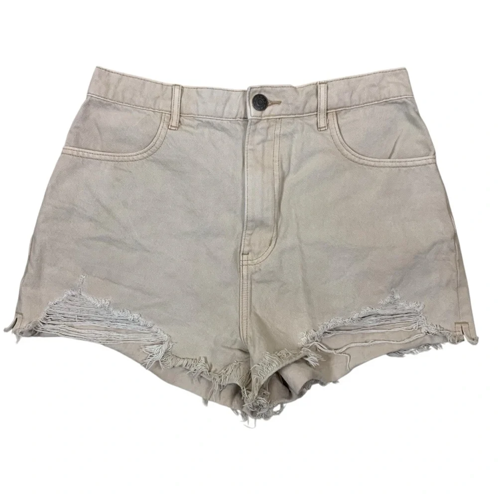 SHOW ME YOUR MUMU Beige Distressed Denim Shorts High Rise Raw Hem‎ Festival 28